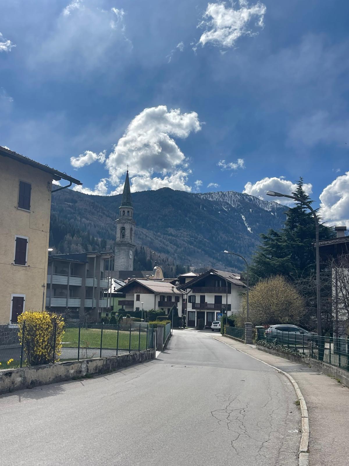 Una via del centro di Pinzolo, con il campanile e le montagne boscose sullo sfondo